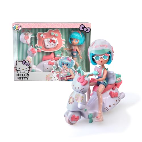 Famosa 4SF - Hello Kitty Pretty Pink Scooter, Japanische Fashion Puppe mit Motorrad, Figur von 19,5 cm mit 15 Gelenkpunkten, Inklusive Helm und Tasche, Trägt EIN Top mit Mikroschorts, (HKTF3000) von Famosa