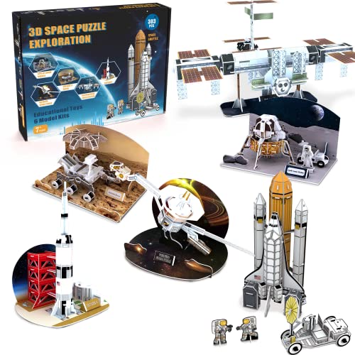 3D-Weltraum-Puzzle-Set für Kinder, Weltraum-Puzzle für 7 8 9 10-jährige Jungen Mädchen Geschenk, 6er-Pack – Saturn, Neugier, Apollo, Voyager, Shuttle-Modell und Internationale Raumstation als Geschenk von Fanbusa