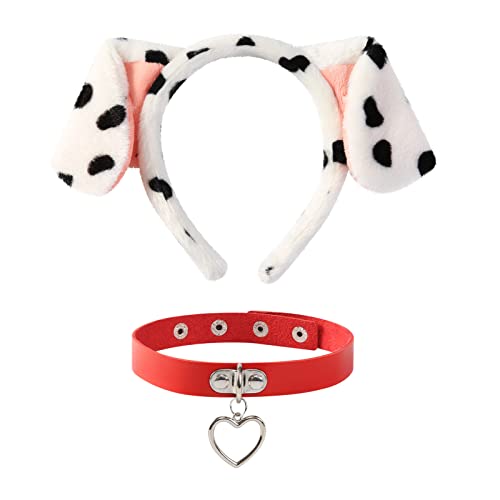 Dalmatiner Hundeohren Stirnband mit rotem Herz Choker Lederhalsband Erwachsene Halloween Kostüm Zubehör Partyzubehör von Fancheer