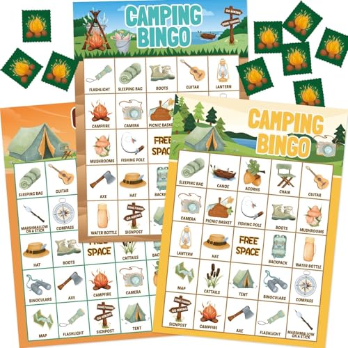 Camping-Bingo-Spiel für Kinder, 24 Spieler, Outdoor Letzte Intervention, Party, Camping, Abenteueraktivitäten von Fancy Land
