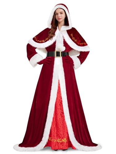 FancyFun 4 Stück Mrs Claus Kostüm für Damen, Erwachsene Santa Kostüme Claus Kleid Weihnachten Outfit mit Kapuze Umhang Handschuhe Gürtel 4XL von FancyFun