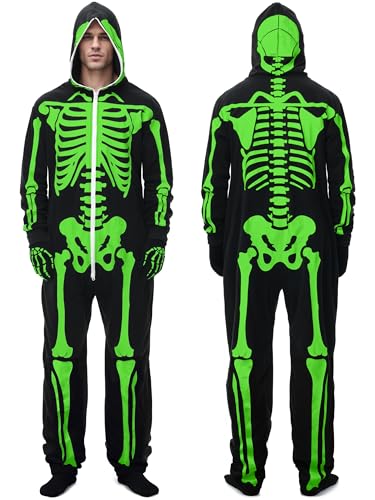 FancyFun Halloween-Skelett-Kostüm für Herren, leuchtet im Dunkeln, zweiseitiger Druck, Erwachsenen-Overall, Herren-Body mit Reißverschluss, schwarz, weiß, S von FancyFun