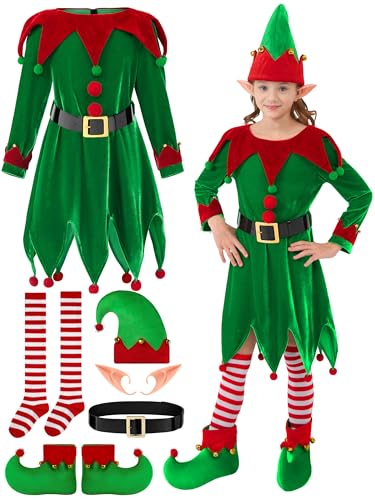 FancyFun Weihnachtselfenkostüm für Mädchen, Weihnachtsmann-Helfer-Kostüm, Samtkleid, Weihnachts-Outfit, Elfenmütze, Schuhe, Ohren, Gürtel, Socken FancyFun Weihnachtselfenkostüm für Mädchen, Weihnachtsmann-Helfer-Kostüm, Samtkleid, Weihnachts-Outfit, Elfenmütze, Schuhe, Ohren, Gürtel, Socken von FancyFun