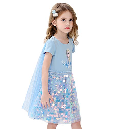 Fancyland ELSA Kleider Glanz Sommer-Kleid Kurzarm Frozen 2 Eiskönigin 2 Prinzessin Eisprinzessin Kostüm mit Cape Mädchen Kinder (Blau, Körpergröße 100cm) von Fancyland