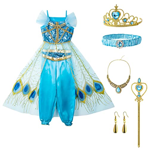 Fancyset Jasmin Prinzessin Kostüm für Mädchen Aladdin Prinzessin Kostüm Jasmin Dress Up Mädchen Verkleidung Kinder Outfit Weihnachten Halloween Party Rollenspiel Outfit von Fancyset