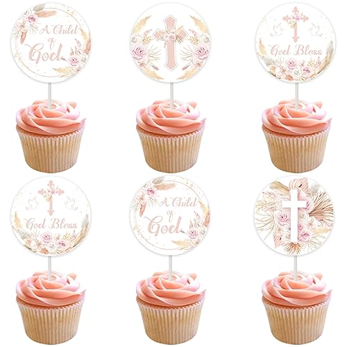 36Pcs Boho Rosa Aprikose Floral Gott segnen Taufe Cupcake Toppers für Mädchen, erste heilige Kommunion ein Kind Gottes religiöses christliches Kreuz Baby Dusche Geburtstag Party Dekorationen von Fangleland