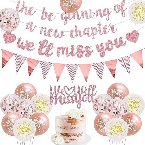 Abschied Party Dekorationen Der Beginn eines neuen Kapitels Weggehen Wir werden Sie vermissen Thema Ballons Banner, Rose Gold Ruhestand Graduierung Partyzubehör für Frauen Mädchen Abschied Party Dekorationen Der Beginn eines neuen Kapitels Weggehen Wir werden Sie vermissen Thema Ballons Banner, Rose Gold Ruhestand Graduierung Partyzubehör für Frauen Mädchen von Fangleland