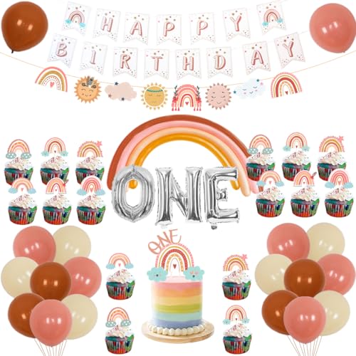 Fangleland Boho Regenbogen 1. Geburtstag Dekorationen, Böhmische Regenbogen Ballon Happy Birthday Banner Kuchen Topper für Mädchen Ersten Geburtstag Party Supplies von Fangleland