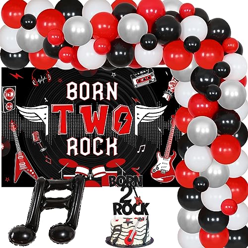 Born Two Rock 2. Geburtstag Dekorationen für 2 Jahre alten Jungen Mädchen, Ballon Girlande Bogen Kit Backdrop Kuchen Topper, Rock and Roll 2. Geburtstag Party Supplies Bday Celebration Decors von Fangleland
