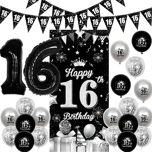 Fangleland 16 Geburtstag Dekorationen Schwarz und Silber für Jungen Mädchen, alles Gute zum 16 Geburtstag Tür Banner Dreieck Flagge Banner Ballons Nummer 16 Folie Ballons für 16 Birthday Party Deko von Fangleland