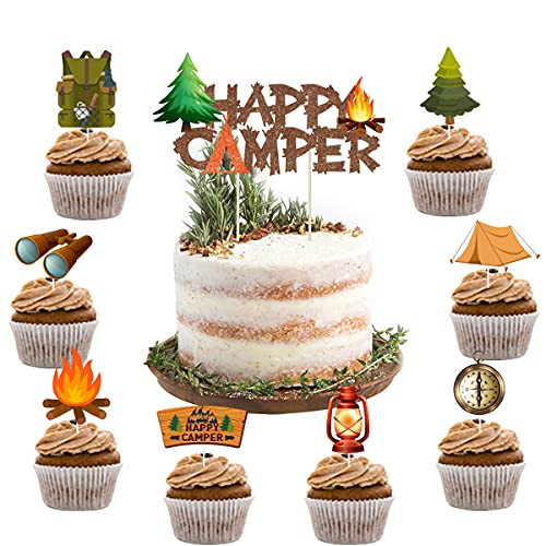 Fangleland 25 teiliges Camping Motiv Kuchenaufsatz Set, Happy Camper Kuchendekoration, Camping-Tasche, Taschenlampe, Lagerfeuer, Cupcake-Topper für Camping, Geburtstagsparty und Babyparty. von Fangleland