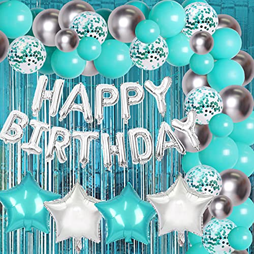 Fangleland Blaugrün Blue Geburtstag Dekorationen Set mit Happy Birthday Luftballons Banner Türkis Blue und Silber Luftballons Vorhang für Blaugrün 30. 40. 50. Geburtstag Baby Shower von Fangleland