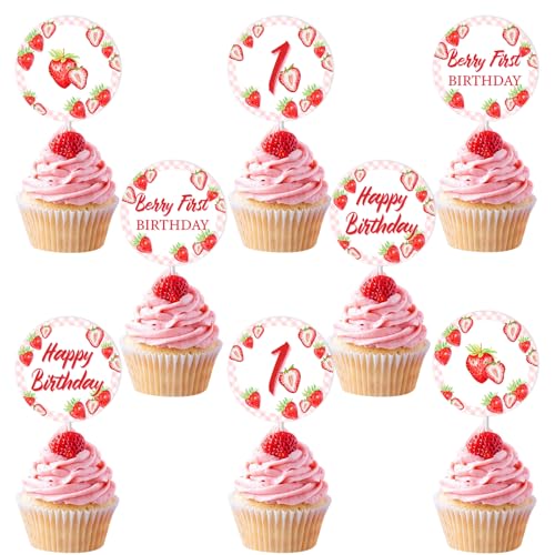 Fangleland Cupcake-Topper für den 1. Geburtstag, Erdbeer-Motiv, 24 Stück, rosa Partyzubehör für Mädchen Fangleland Cupcake-Topper für den 1. Geburtstag, Erdbeer-Motiv, 24 Stück, rosa Partyzubehör für Mädchen von Fangleland