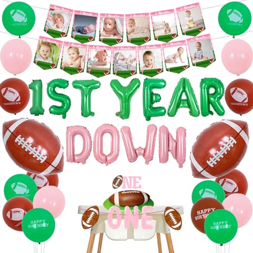 Fangleland First Year Down Football Bday Decorations for Girls, Football 1st Bday Photo Banner Sports Felt Touchdown Balloons, 1st Year Down Football One Cake Topper Highchair Banner Party Supplies von Fangleland