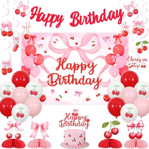 Fangleland Kirschschleife Geburtstag Dekorationen - Happy Birthday Hintergrund Banner Waben-Mittelstücke Kuchen Topper Hängende Wirbel, Kirsche Themed Party Supplies für Mädchen von Fangleland