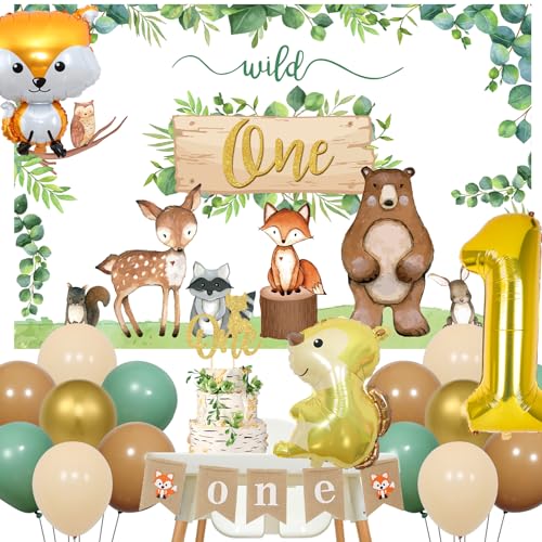 Fangleland Woodland Animals1st Birthday Decorations Set for Boys or Girls, Forest Themed Wild One Balloons Backdrop Highchair Banner, Woodland Creatures First Birthday Cake Topper Party Supplies von Fangleland