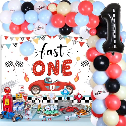 Fast One Geburtstagsparty-Dekorationen, Vintage Race Car Ballon Girlande Kit & Pastellblau Gelb Fast One Hintergrund mit karierter Flagge – Zahl 1 Radballons für Jungen 1. Geburtstag Zubehör Fast One Geburtstagsparty-Dekorationen, Vintage Race Car Ballon Girlande Kit & Pastellblau Gelb Fast One Hintergrund mit karierter Flagge – Zahl 1 Radballons für Jungen 1. Geburtstag Zubehör von Fangleland