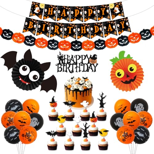 Halloween Geburtstag Dekorationen Orange und Schwarz für Kinder Halloween Kürbis Girlande Kuchen Topper Happy Birthday Banner Halloween Thema Geburtstag Party Supplies Halloween Geburtstag Dekorationen Orange und Schwarz für Kinder Halloween Kürbis Girlande Kuchen Topper Happy Birthday Banner Halloween Thema Geburtstag Party Supplies von Fangleland