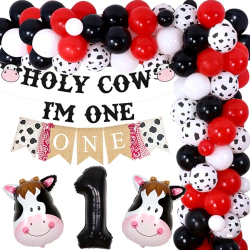 Holy Cow I'm One First Birthday Decorations Red and Black, Cow 1st Birthday Balloon Garland Arch Kit, Farm Animals Cow Balloons With One Highchair Banner One Year Old Party Supplies von Fangleland