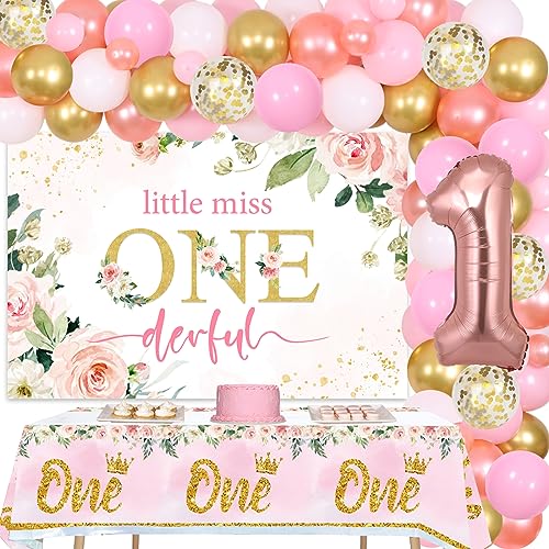 Little Miss Onederful 1. Geburtstag Dekorationen für Mädchen, rosa und Rose Gold Ballon Girlande Bogen Kit, rosa Blumen Hintergrund, ein Tischtuch, Baby Girl's First Birthday Party Supplies von Fangleland