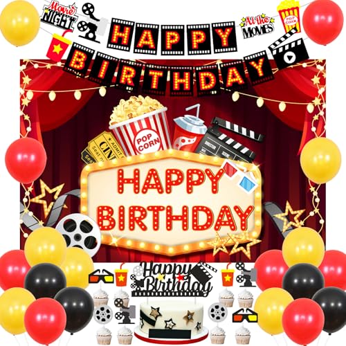 Movie Night Geburtstag Dekorationen für Mädchen Jungen, Movie Night Themed Indoor Outdoor Happy Birthday Party Supplies Popcorn Kamera Theater Folie Ballons Kuchen Toppers Backdrop Banner von Fangleland