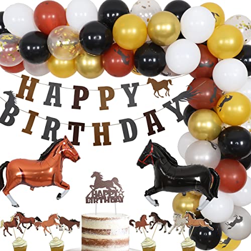 Pferde Geburtstag Dekorationen für Jungen, Pferd Thema Ballon Girlande Kit mit Happy Birthday Banner, Cake Topper, Derby Pferd Ballons für Western Cowboy Geburtstag Party Supplies von Fangleland