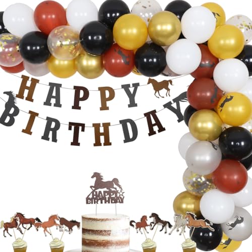 Pferde Geburtstag Dekorationen für Jungen, Pferd Thema Ballon Girlande Kit mit Happy Birthday Banner, Cake Topper, Derby Pferd Ballons für Western Cowboy Geburtstag Party Supplies von Fangleland