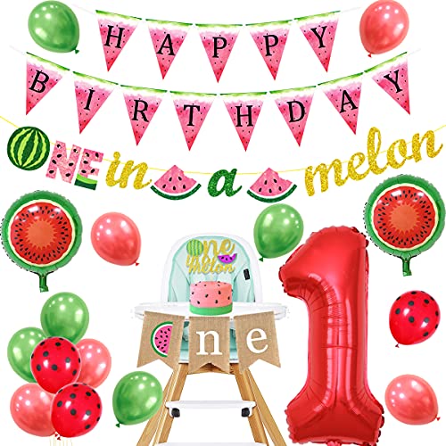 Wassermelone 1. Geburtstag Dekorationen One in A Melone Girlande Kuchen Topper Hochstuhl Banner Ballons Jungen oder Mädchen Sommer Obst Thema 1. Geburtstag Party Supplies von Fangleland