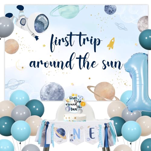 Weltraum-Thema 1. Geburtstag Dekorationen für Jungen, erste Reise um die Sonne ersten Geburtstag Partyzubehör für 1 Jahr alten Jungen, Ozean blauen Ballon Hintergrund Hochstuhl Banner Kuchen Topper Weltraum-Thema 1. Geburtstag Dekorationen für Jungen, erste Reise um die Sonne ersten Geburtstag Partyzubehör für 1 Jahr alten Jungen, Ozean blauen Ballon Hintergrund Hochstuhl Banner Kuchen Topper von Fangleland