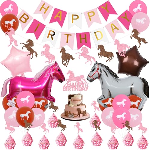 Fangleland Western Cowgirl Party Dekorationen, Pferd Happy Birthday Banner, Cake Topper und Derby Horse Balloon für Pferderennen Geburtstag, Cowgirl, Hochzeitsparty, Kinder Party Supplies von Fangleland