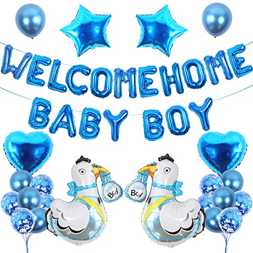 Willkommen zu Hause–Babyparty-Dekorationen für Jungen, Baby-Briefballon-Banner, Klapperstorch und Stern, Folienballons, Jungen, Neugeborene, Geschlechtsoffenbarung, blau von Fangleland