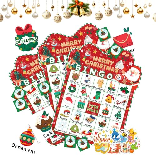 Fangssiy Christmas Bingo Spiel | Kinder Weihnachtsbingo Partyspiel Brettspiel - Tragbarer Kartensatz Partyspiel Für Kinder Jugendliche Anfänger Reisen Karneval Schule Klassenraum Indoor von Fangssiy