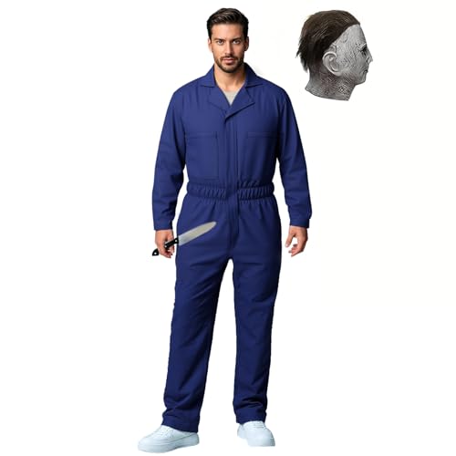 FantCos Halloween-Killer-Kostüm für Erwachsene, gruselige Tötungen, Overall-Maske mit Blutrequisiten, Halloween-Horror-Party-Outfit, Blau, L von FantCos