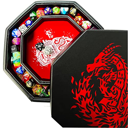 Fantasydice RED Fire Dragon with Wizard Book Print Dice Tray 8" Octagon with Lid and Dice Staging Area- Holds 5 Sets(7 Dice Set/Standard) for All Tabletop RPGs von Fantasydice