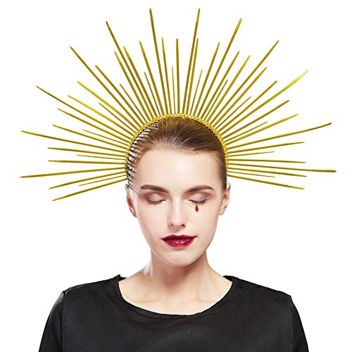 Fantherin Damen Mary Halo Krone Stirnband Reißverschluss Krawatte Spiked Halo Krone Göttin Kopfschmuck Kopfschmuck für Cosplay Halloween Kostüm Party (Gold) von Fantherin