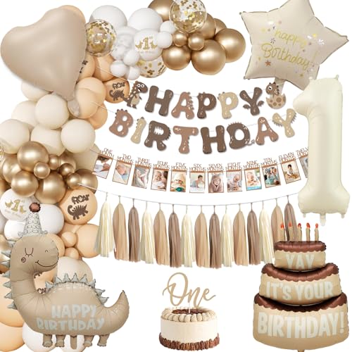 Dino Geburtstagsdeko 1 Jahr, Deko 1.Geburtstag Junge Mädchen, Luftballon 1. Geburtstag Aprikose Gold, Folienballon Dinosaurier 1 Kuchen, Happy Birthday Foto Girlande Dino Deko Kindergeburtstag Set von Fantspati