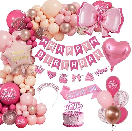 Rosenrote Geburtstagsdeko Mädchen, Deko Geburtstag Luftballons Rosa, Kindergeburtstag Deko Set, Happy Birthday Girlande Banner Schärpe und Tiara, Geburtstag Party Deko für 3 5 6 7 8 9 13 16 18 Mädchen von Fantspati