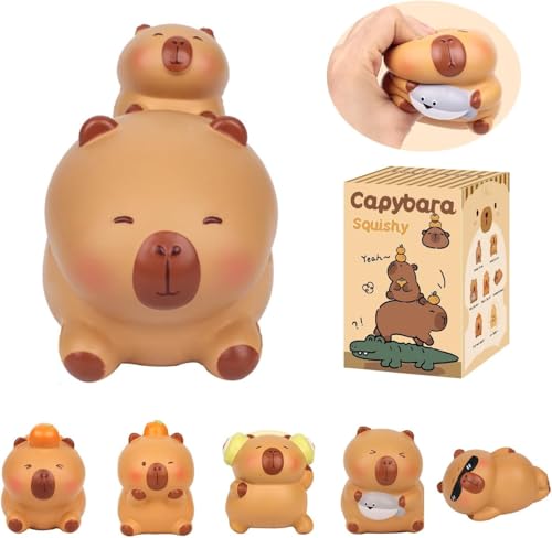 Fanvita Capybara Squeezable Series Blind Box Figuren, 6 Stück zufällige Designs Tierfiguren Sammlerstücke, niedliche Stressabbau-Simulations-Quetschspielzeuge als Geschenk (3,54–4,72 Zoll H) von Fanvita