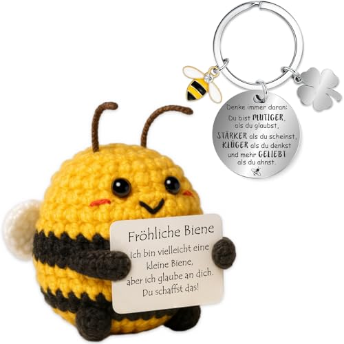 Farbeele Fröhliche Biene und Glücksbringer-Schlüsselanhänger, Pocket Hug Positive Puppe, MutmacherGeschenk, Gute Besserung Geschenk, Glücksbringer Prüfung Geschenk, EinschulungGeschenk von Farbeele