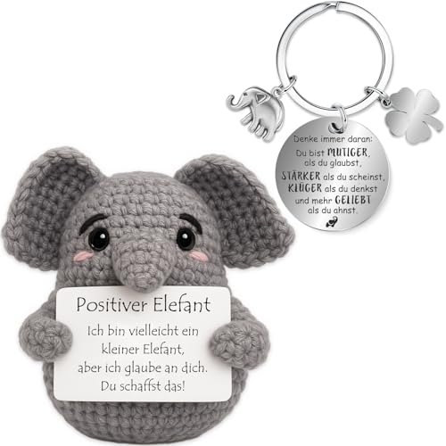 Farbeele Positiver Elefant und Glücksbringer-Schlüsselanhänger, Pocket Hug Positive Puppe, MutmacherGeschenk, Gute Besserung Geschenk, Glücksbringer Prüfung Geschenk, EinschulungGeschenk von Farbeele