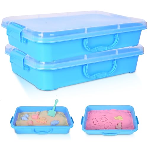 2 Stück Sandkasten mit Deckel, Sandbox Kunststoff und Griff, 34×25×7,5cm, Tragbare Sensory Bin für Wasser Sand Perlen Spielzeug, Indoor & Outdoor Aktivitäten Blau von Farnirvana
