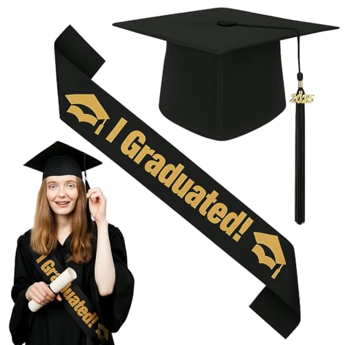 Farnirvana Abschluss Hut, 2025 Doktorhut Set mit Schärpe für Abschlussfeiern, Unisex Bachelor Hut, Akademischer Graduation Deko für Abitur Bachelor Master Abschlussfeiern - Schwarz von Farnirvana