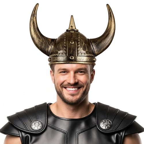 Farochy Wikinger Helm mit Hörnern für Erwachsene, Mittelalter Wikinger Kostüm Wikinger Zubehör Kunststoff Wikinger Hut für Halloween Cosplay (Bronze) von Farochy