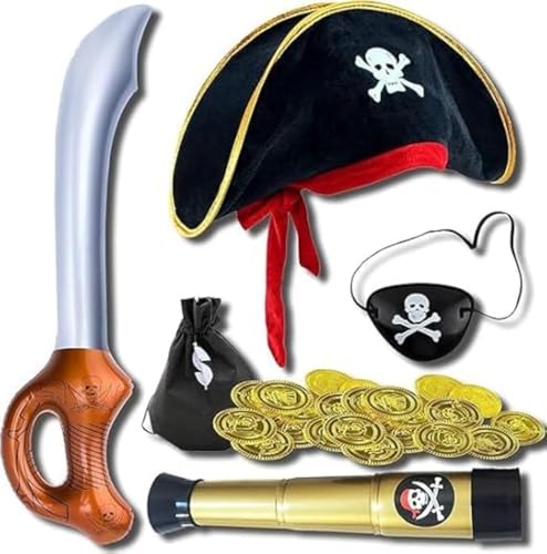 Piratenkostüm für Kinder oder Piraten-Kostüm für Mädchen, Zubehör Hut oder Piratenmütze + Teleskop + Piraten-Patch + Piratenschwert + Geldbörse. Kostüm für Karneval, Weihnachten, Halloween oder von Fartoni