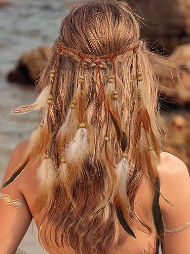 Fashband Indisches Feder-Stirnband, Boho-Quaste, Hippie-Kopfschmuck, Vintage-Tribal-Kopfschmuck, indische Party-Kopfbedeckung, Haarschmuck für Frauen (orange) von Fashband