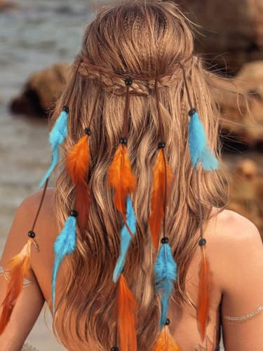 Fashband Indisches Feder-Stirnband, Boho-Quaste, Hippie-Kopfschmuck, Vintage-Tribal indische Party-Kopfbedeckung, Haarschmuck für Frauen (blau) von Fashband