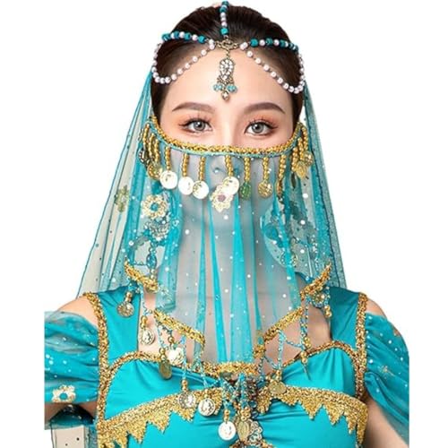 Damen Bauchtanz Tribal Gesichtsschleier Chiffon Mysteriöser Gesichtsschleier mit Pailletten Perlen für Bauchtanz Kostüme Retro Indian Dance für Performance (Blau) von Fasheepfa