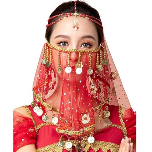 Damen Bauchtanz Tribal Gesichtsschleier Chiffon Mysteriöser Gesichtsschleier mit Pailletten Perlen für Bauchtanz Kostüme Retro Indian Dance für Performance (Rot) von Fasheepfa
