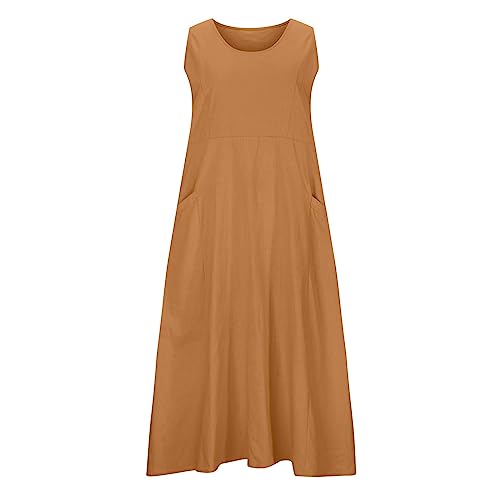Fasheepfa Italienisches Damenkleid, Leinen, solides Maxikleid, Bohemian-Stil, ärmellos, Strand, Swing, Sommerkleid, lässiges langes Kleid (Khaki, 5XL) von Fasheepfa