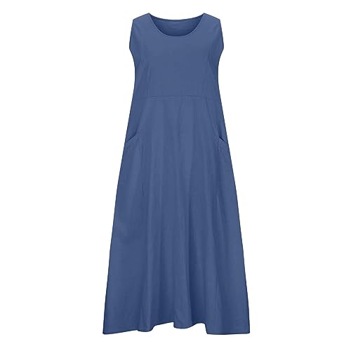 Fasheepfa Italienisches Damenkleid, Leinen, solides Maxikleid, Bohemian-Stil, ärmellos, Strand, Swing, Sommerkleid, lässiges langes Kleid (Marineblau, XL) von Fasheepfa